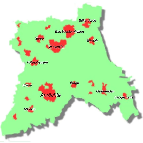 Eine Landkarte mit den Grenzen der Ev. Kirchengemeinde Erwitte und Anröchte